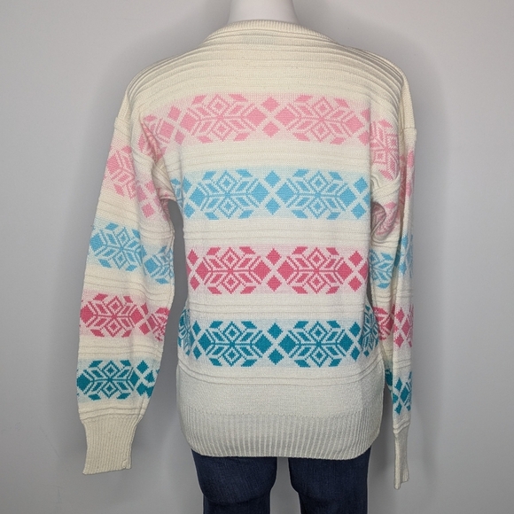 Vintage White Pink Blue Striped Snowflake Long Sleeve Wool Blend Sweater M/L - Picture 6 of 8